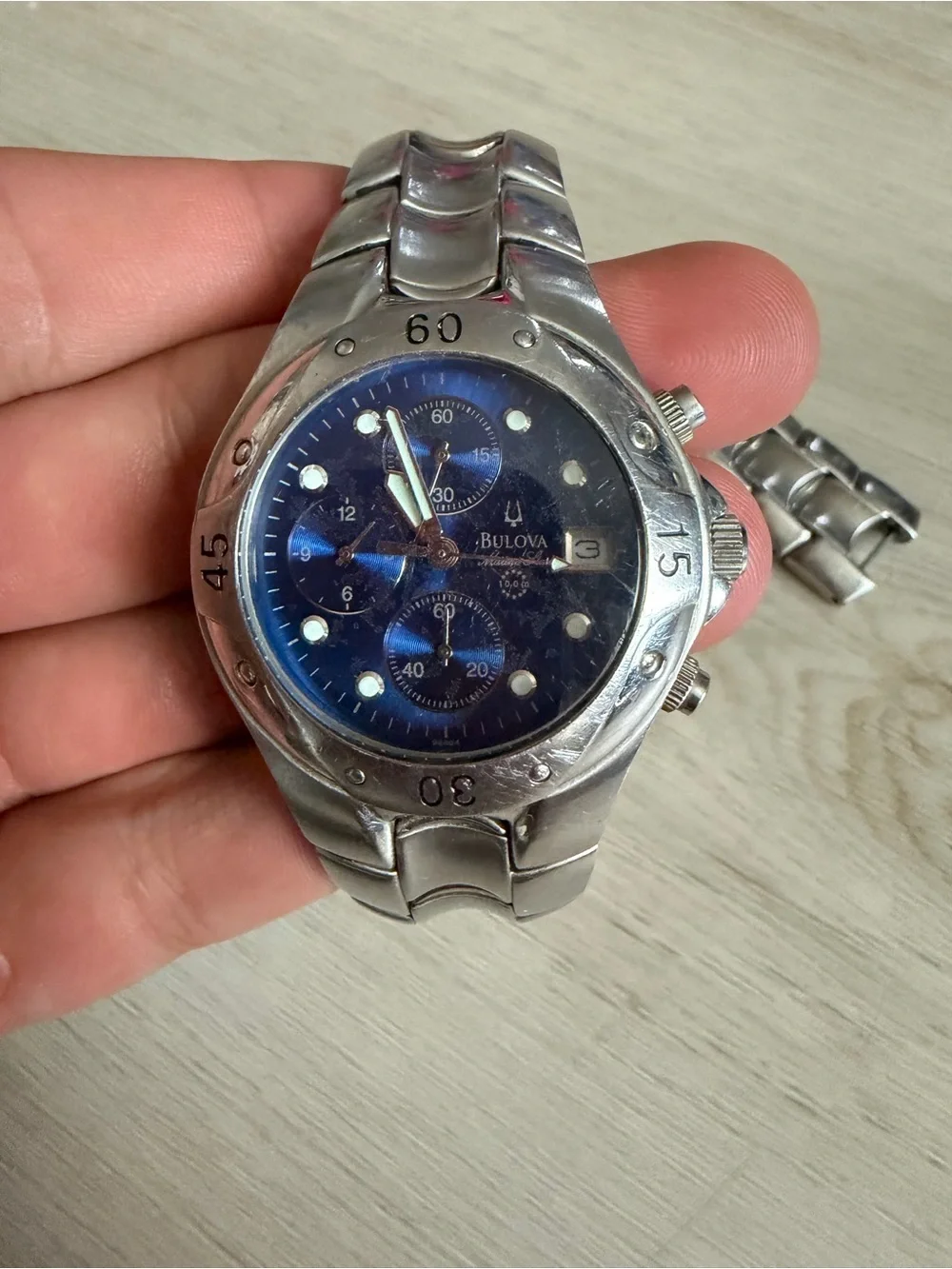 2002 Bulova 96B64 Marine Star Blue DialChronograph Date 100m 38mm